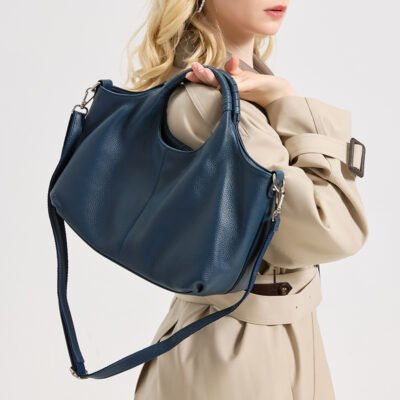 Luxury leather bag styled for an elegant everyday outfit – bianca in blue color
