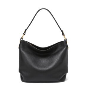 Close-up view of genuine cow leather grain in black color