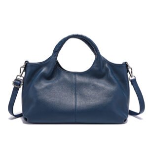 Close-up view of genuine cow leather grain in blue color