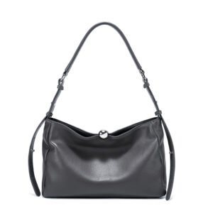 Luxury leather bag styled for an elegant everyday outfit – model Fiora in grey color