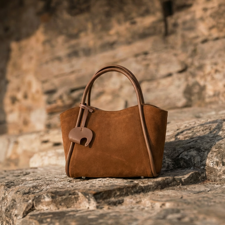 leather handbag on stone