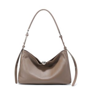 Luxury leather bag styled for an elegant everyday outfit – model Fiora in khaki color